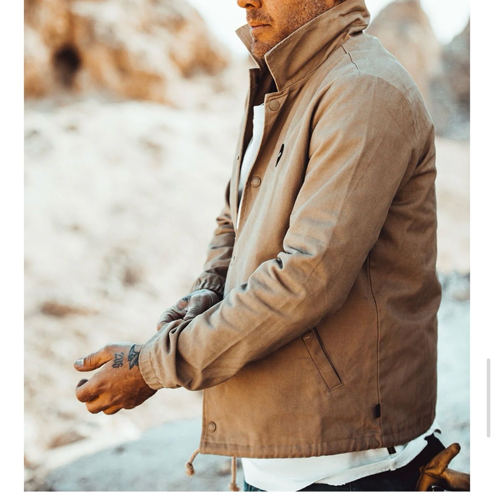 P & Co Men Logo Coach Jacket Large 100% Cotton Canvas Camel Brown Snap Front